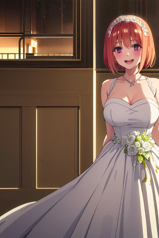 makima from chainsawman, yellow vivid eyes, wearing an elegant wedding dress, cleavage, open shirt, hair braided, standing, church setting, red petals raining down, seated guests, excited, smiling, holding a bouquet of flowers with both hands