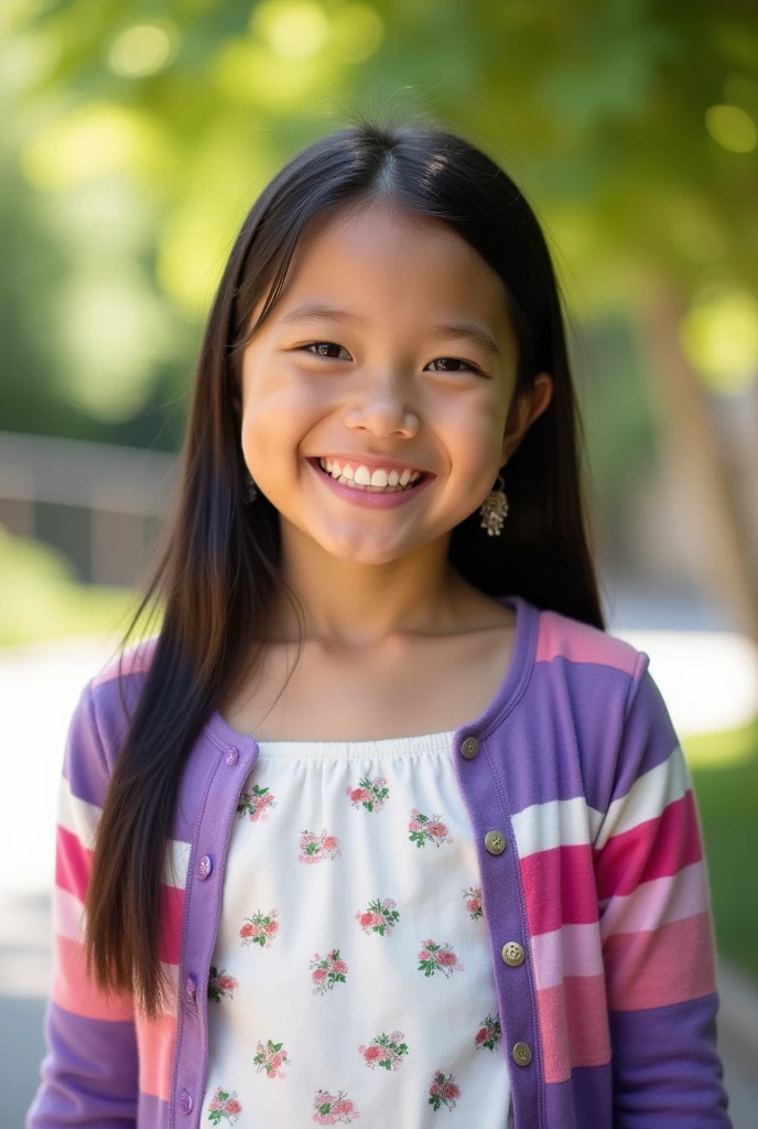 13 year old girl with medium length black hair, children's pigtails hair, Filipine facial structure, happy expression, she wearing a blue short dress, bare shoulders, she in a park, sitting in a bench