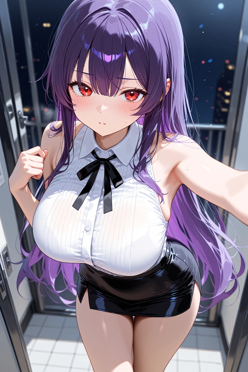 (masterpiece:1.37), best quality, (extremely detailed:1.37), woman, (mature:1.5), (adult:1.5), large breasts, very long hair, (straight hair:1.5), dark purple hair, purple eyes, (extremely detailed eyes:1.37), crop top, cleavage, navel, jeans, desperation, (wetting self:1.5), standing, embarrassed, humiliation, blushing, angry, city, futuristic, neon lighting, high-tech, street