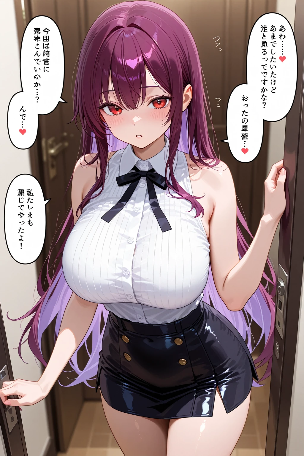 (high quality,Very detailed:1.37, High resolution), 1girl, Woman, (solo:1.5), (mature:2.0), (Sakaki Yumiko:2.0), Grisaia, very long hair, purple hair, purple eyes, large breasts, military uniform, pants, (wetting herself:1.5), standing, (embarrassed:1.5), (humiliation:1.5), (constricted pupils:1.5), (sweating:1.5), shaking, (trembling:1.5), (blushing:1.5), Meticulous details, (extremely detailed eys:1.37), space station, interior, science fiction, futuristic