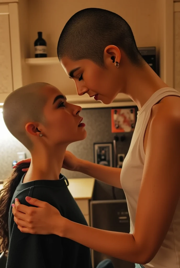 Romantic couple kissing on the mouth, linda mulher norueguesa (officer lady) de terno cinza,homem caramelo de terno preto buzz cut, no elevador