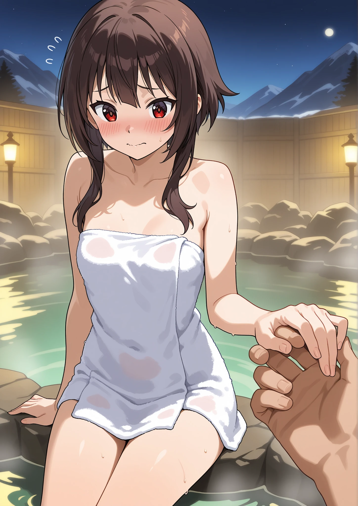 ((( Japanese hot springs、Open-air bath、The background is forest and mountains)))、((( Naked girl in only a towel、Naked Towel、White towel、Thin towel)))、((((((Large areola、Nipples are visible、reporter、Television shooting、Holding a microphone、Sitting in the hot spring、Have a sign))))))、(((( blush, huge breasts, breasts out, areolae, nipples))))、(((looking at the camera、 Photographed from the front、Upper Body))),(((( have a microphone)))),strapless