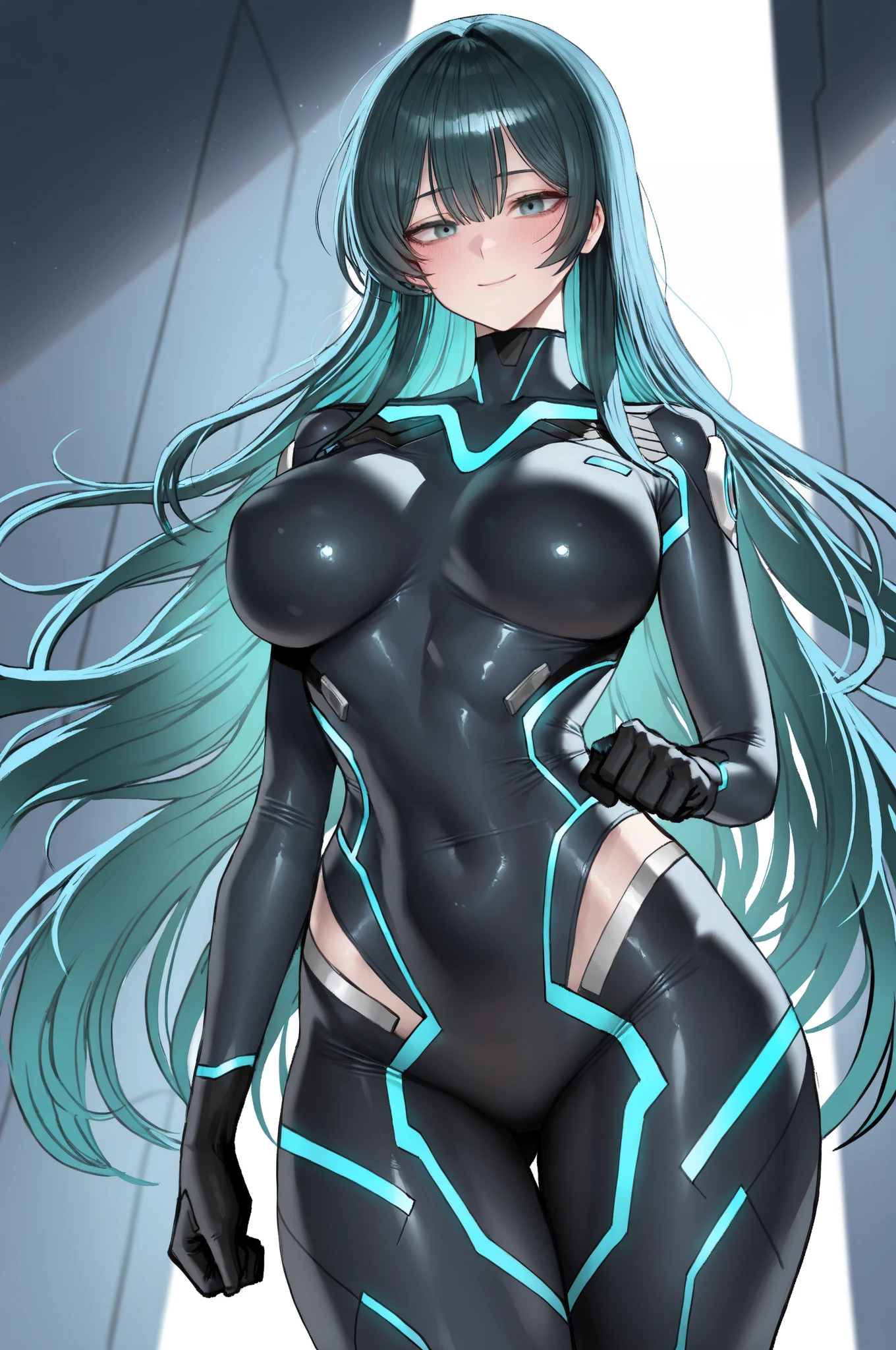 1girl,solo,huge breasts, ponytail, symbol-shaped pupils, green heart,  <lora:GreenHeartBlackArmor:1>,
standing,hand on hip, white background, cowboy shot, very long hair,