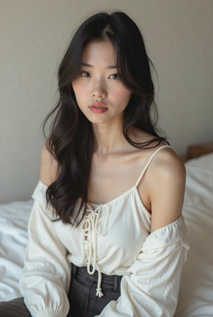 Create an Asian middle-aged beauty with long hair，Wearing a white high-necked tight nightgown，Proud figure，Scratching the scalp with both hands，There is a lot of dandruff on the top of the head，The expression is hideous，The characters are realistic and realistic，Bathroom Background，9:16 frames，Ultra-high-definition picture quality