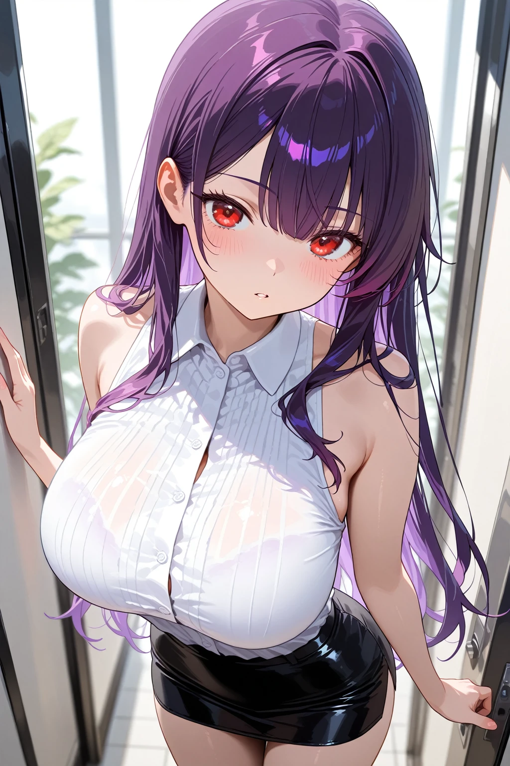 Wolf Girl, Large Breasts, Voluminous purple hair, masterpiece , Red eyes, hd, Thick thighs, Head to Chest, buried in my chest、Underboob、Double teeth、tooth、Tank top、Chubby、Grinning、Shorts、hoodie、