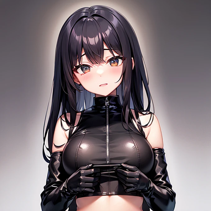 A woman wearing a ribbed ミニsweater dress with a name tag on the chest, hinata hyuga, thick, tits, (software) safe for work, have big breasts, revealing clothes, Spy x Family Anya, thin neck, breasts covered and software, fully clothed!!!, have big breasts, black haired, anime moe art style