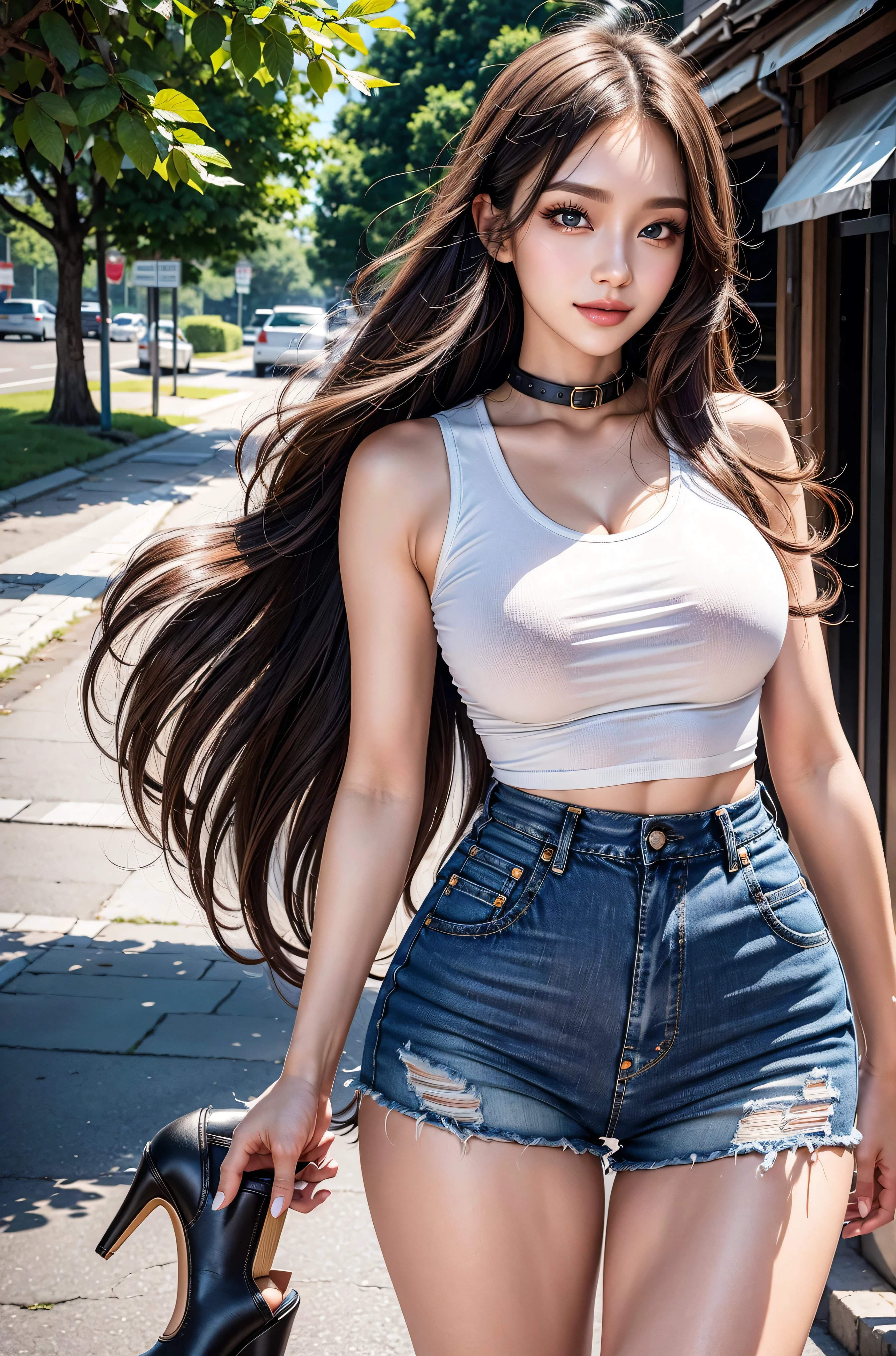 a (skinny body:1.3) woman with very large breasts and long blin hair in a white sleeveless turtleneck crop top, denim mini skirt, necklace, earrings, bracelet, walking on a rainy night street, realistic, photorealistic, 8k, highres, masterpiece, ultra-detailed, HDR, studio lighting, vivid colors, dramatic lighting