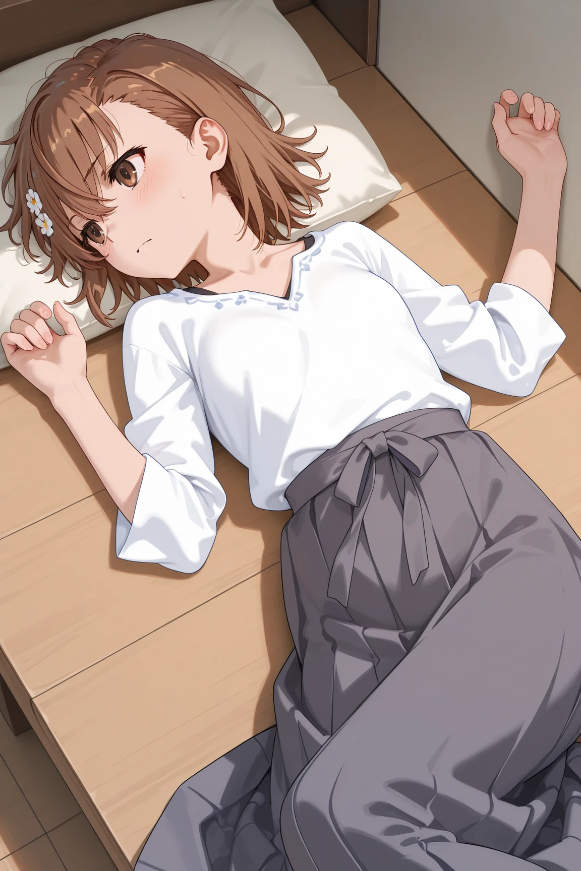 1girl,indoor,bedroom,Lying on your back,Close ~ eyes,orgasm,Dripping saliva,in heat,White camisole,Light blue jeans,,Brown Hair, short hair, ponytail,Flat Chest, trembling,1boy,step on vagina,