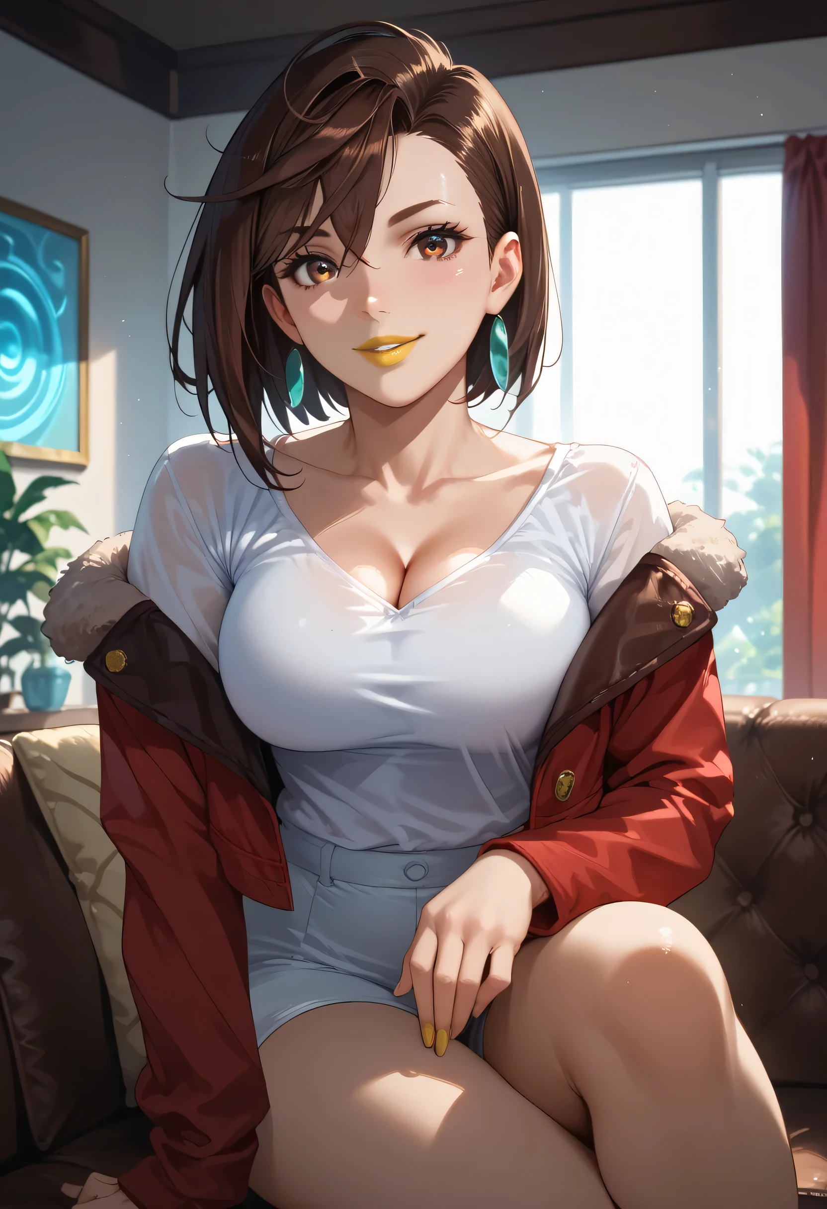 woman, large breasts, anime style, yellow lipstick, white skin, brown hair, focus on character, looking at viewer, reddish-brown eyes, red jacket, white blouse, cleavage, sensual smile, indoors, late afternoon lighting, side view, sensual pose, Momo Ayase (Dan Da Dan), Momo Ayase, dark surroundings, blue energy, solo, sitting on couch, yellow lipstick