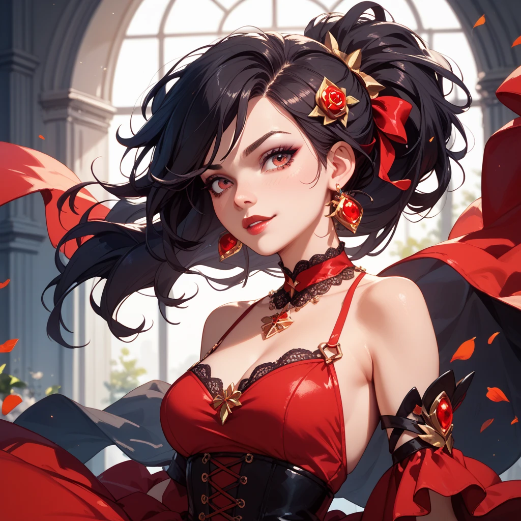 detailed textures, high quality, high resolution, high accuracy, realism, color correction, correct lighting settings, harmonious composition. A costume design drawing of an elaborate flamenco dancer, with ornate patterns and ruffles in shades of burgundy reds and whites. The background is a white canvas, and the illustration includes elements such as cards, playing pieces, and dice. in the style of elegant --ar 3:4 --niji 6