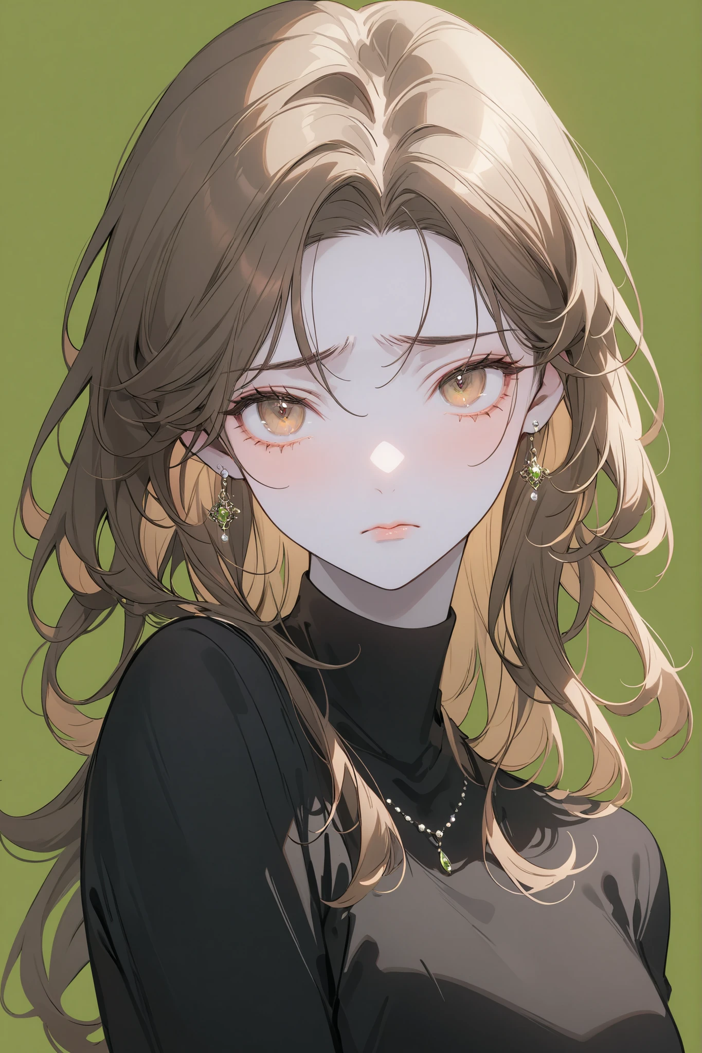 Girl, medium-length wavy and flowing brown hair, golden brown eyes, sharp features, sad expression, white skin, light pink lips, calm, beautiful, perfect, elegant, elegant and classy looking, wearing a black sweater, olive background, bright and clear colors, high quality resolution.