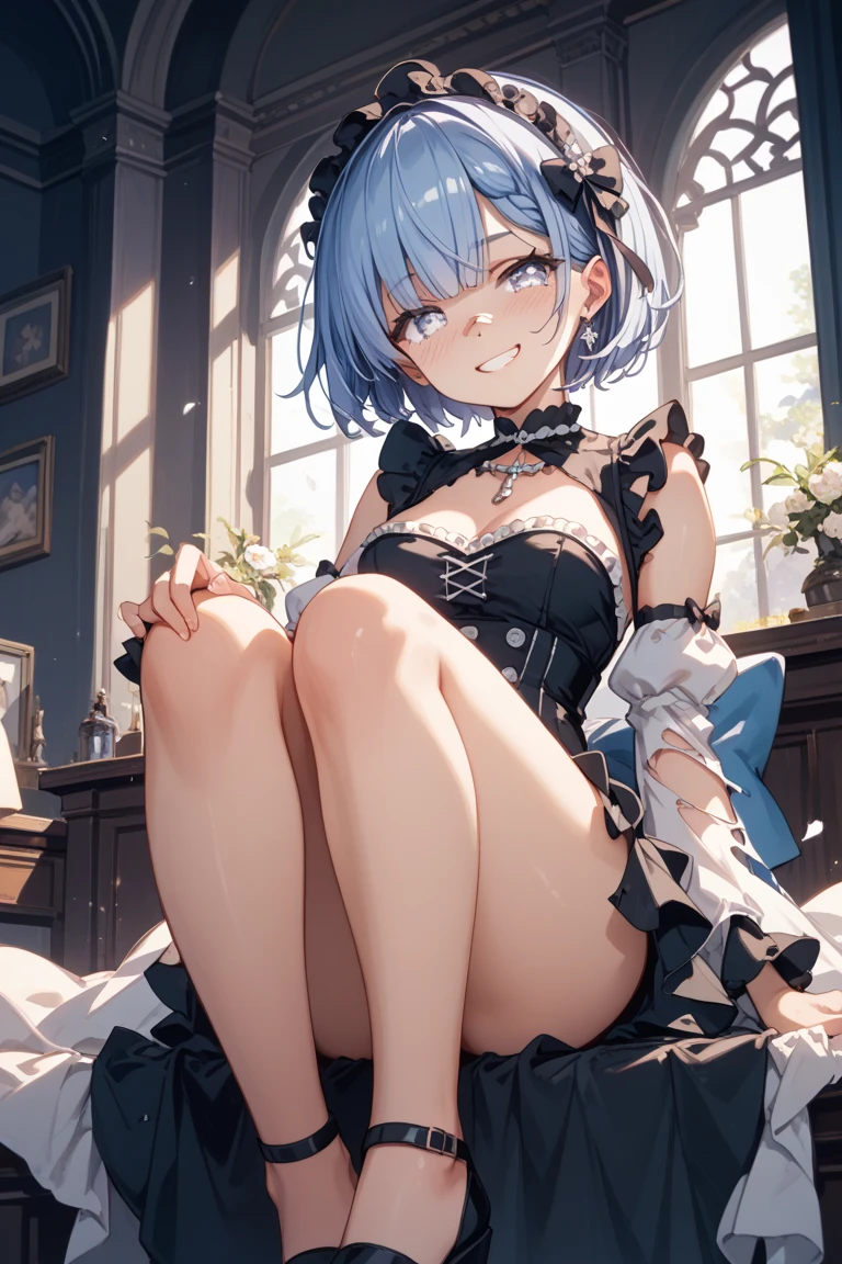 (masterpiece, best quality, illustration, delicate details, 8K:1.3), (studio light, best shadow, picturesque, styleadder),masutepiece, Best Quality, Photorealistic, Raw photo, Digital SLR,blue hair, short hair,rem \(re:zero\),((1girl)),[smile], blush, castle, masterpiece, best quality, perfect lighting, 1girl,petit,baby face,6 years old,((very flat chest)), wide thighs,((on bed)),(nude),