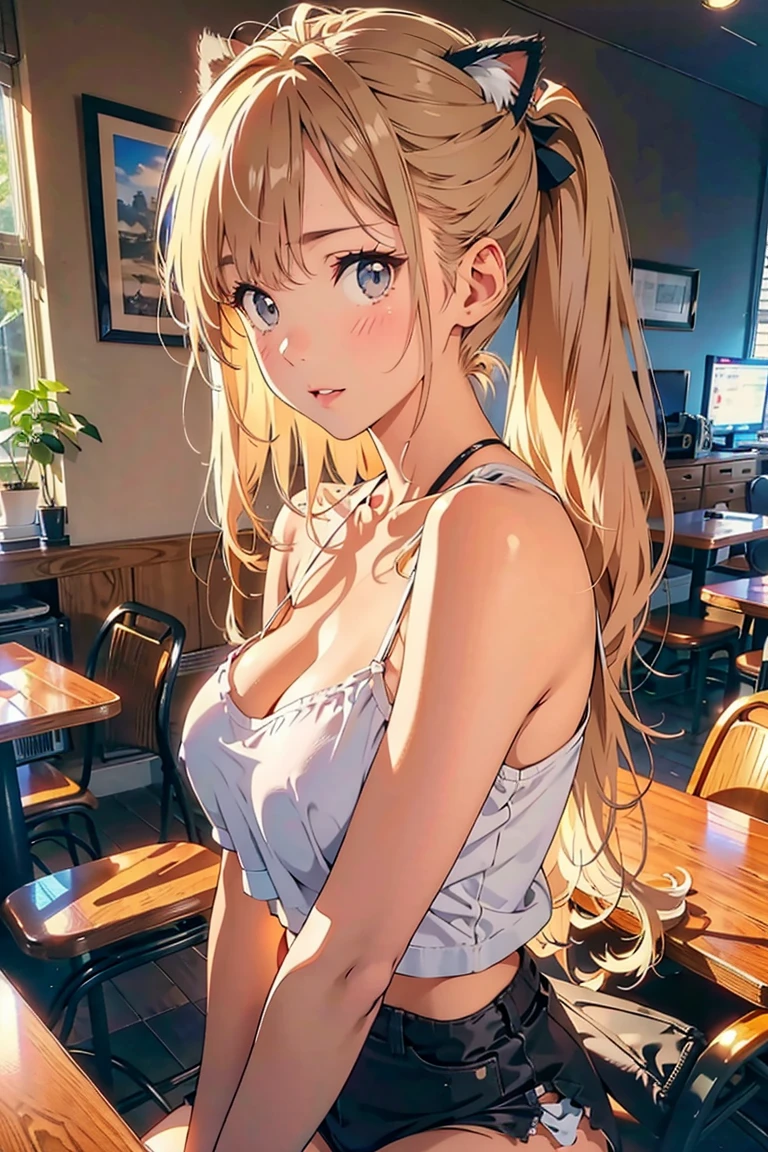 top quality、ultra high resolution、(photorealistic:1.4)、Crisp skin、Realistic Skin Textures、Model Body Type、white skin、1 girl、(  thin hair, black、Faded gray hair:1)、(big breasts:1.2)、Disconnect, viewers、close-up、Upper Body Pictures、tight camisole、white camisole without a gun、silk camisole、bar scenery/neon light bar/Cat ears/cat tail/masterpiece , Best Quality, 1,luna shirakawa, upshorts, look at her pink panties , with the back ,Very loose shorts showing some of the panties, shorts , Staring at Viewers,pale blue highlights on blond hair/zCat earsのミニスカートの女の子, twin tails, sticking out in Kanto style director style