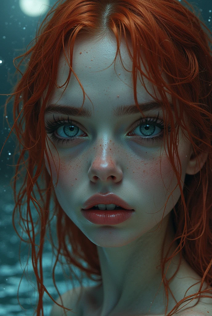 a mermaid girl,1 girl, beautiful detailed eyes, beautiful detailed lips, extremely detailed eyes and face, long eyelashes, mermaid tail, underwater, seashells covering breasts, coral hair ornaments, sad expression, (best quality,4k,8k,highres,masterpiece:1.2),ultra-detailed,(realistic,photorealistic,photo-realistic:1.37),detailed ocean background, bioluminescent sea creatures, volumetric lighting, dramatic lighting, cinematic composition, vibrant colors, fantasy art