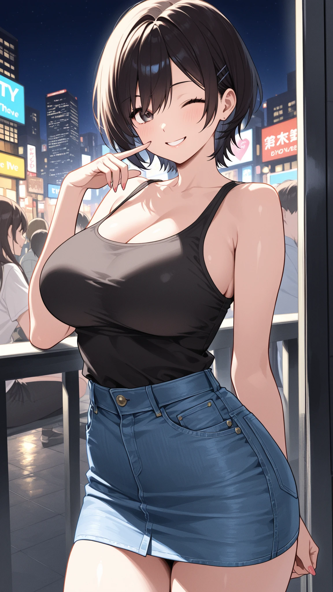 Masterpiece,8k, perfect face highly detailed,HDR, ultra realistic photoshoot, absurdres,award winning photo, extremely detailed, amazing, fine detail,
KazAsuka, Japanese woman, blue crop top, big breasts, denim jacket and minishorts, short black hair, MMA gloves, posing for a picture, in the streets of Osaka