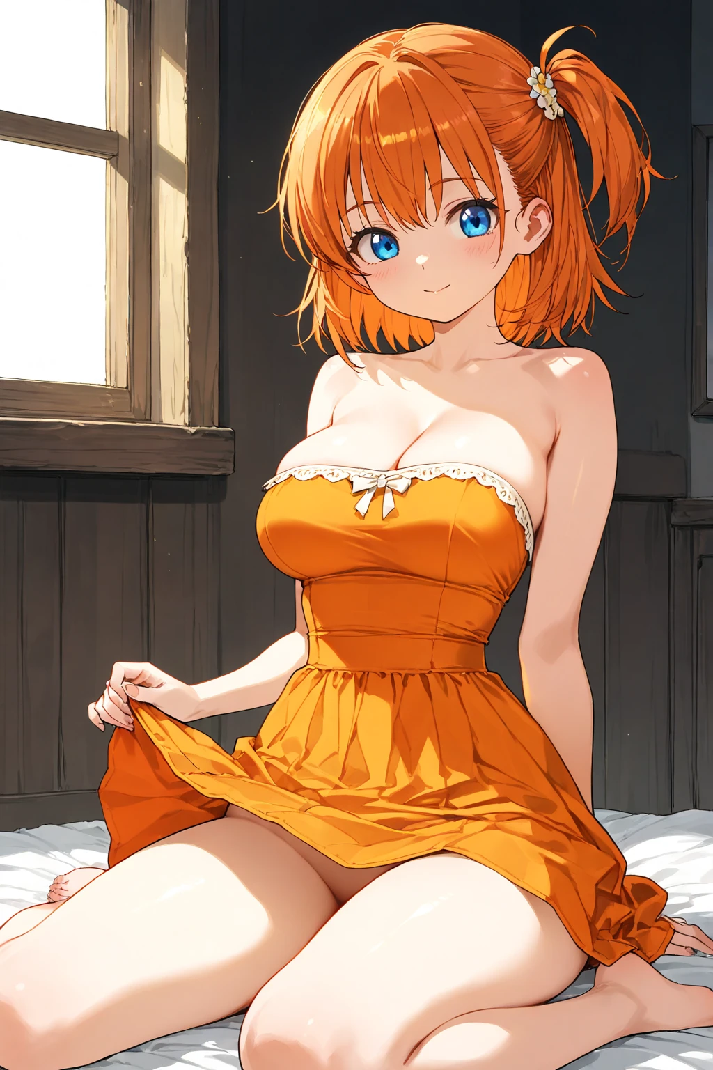 1girl, alone, yotsuba nakano, bangs, blue eyes, hair between the eyes, Ahoge, short hair, orange hair, red bow on the head, red bow, red Santa Claus suit with white details, cleavage, white socks, in the exterior, street decorated with Christmas lights, standing, REST looking at viewer, (Cowboy shot), BREAK, (Masterpiece), Best Quality, High Resolution, 8K Unity Wallpaper, (illustration), (beautiful eyes and detailed extremely detailed face, perfect lighting, extremely detailed CG, (Perfect Hands, Perfect Anatomy), large breasts, medium waist, wide hips, wide thighs,
