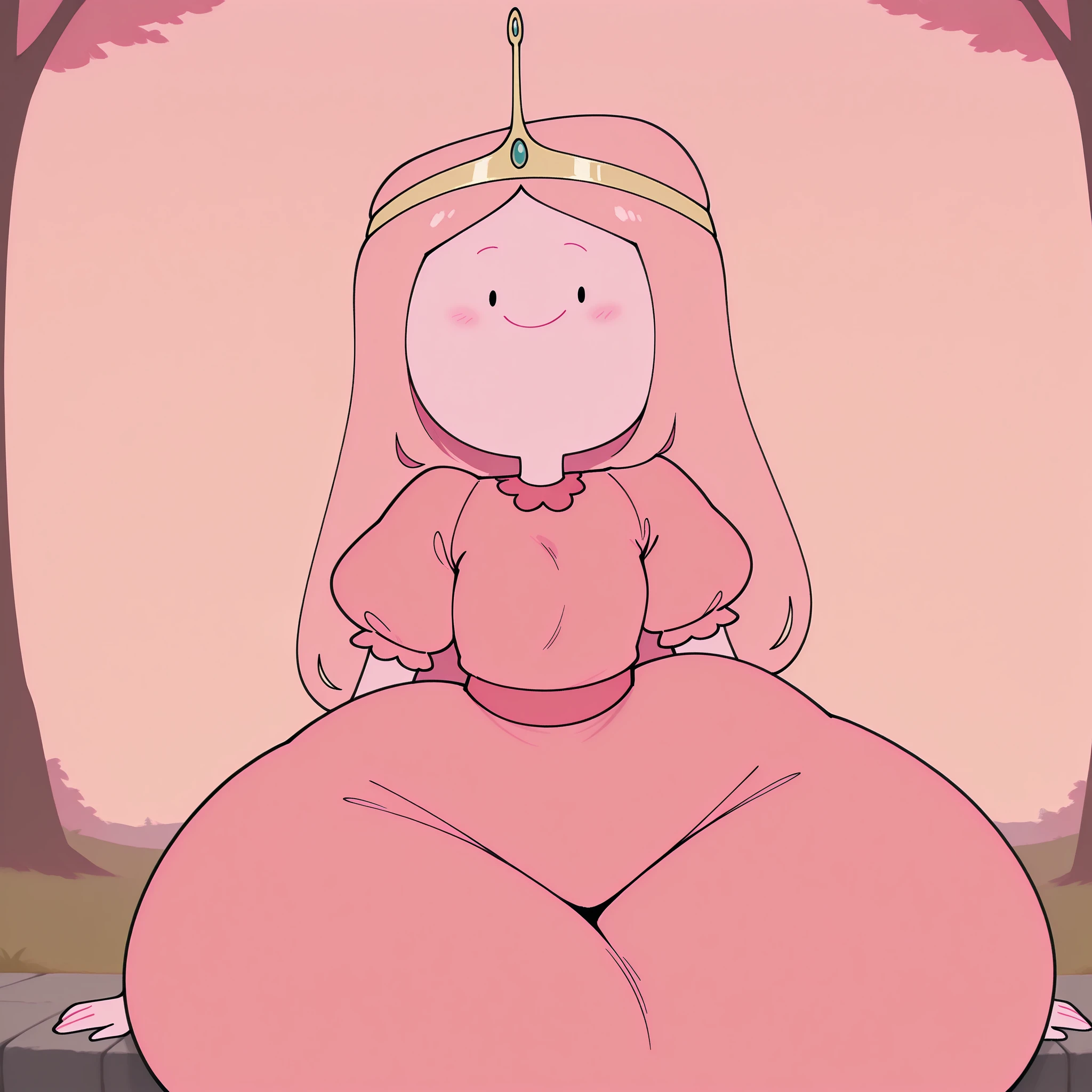 penelope, belly expose, dressed in a pink countess outfit with a hoop skirt of pink and dark pink stripes, blushing with cheeks turning red, beautiful long white hair with a heart shape crown on it ,