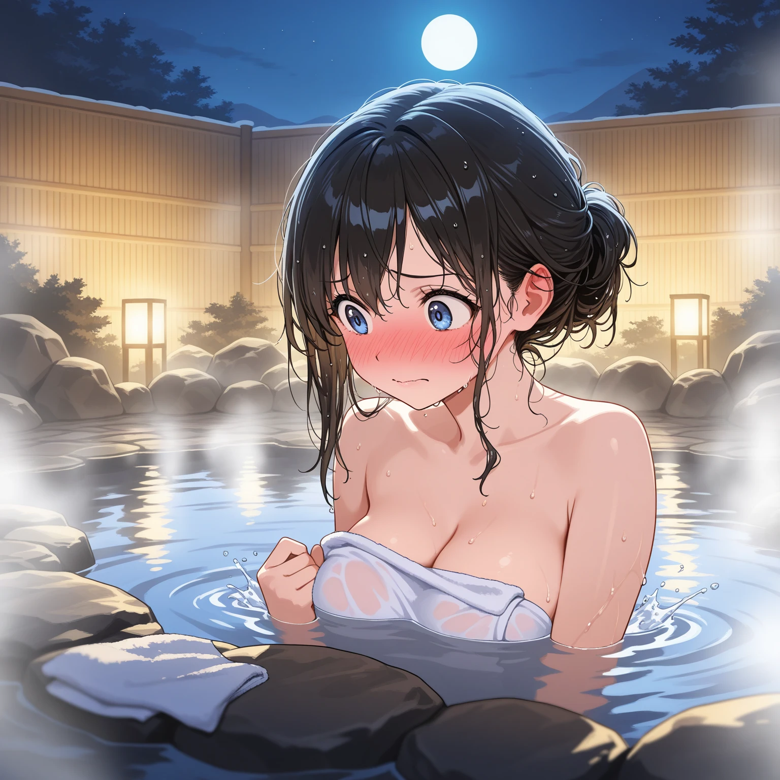AliceMadness,long black hair, green eyes, naked, small breasts, nipples,wet, looking at viewer, relaxed, smiling, blush, submerged in water, inside onsen, rocks, steam, night time, high quality, masterpiece, <lora:AliceMadness:.7>