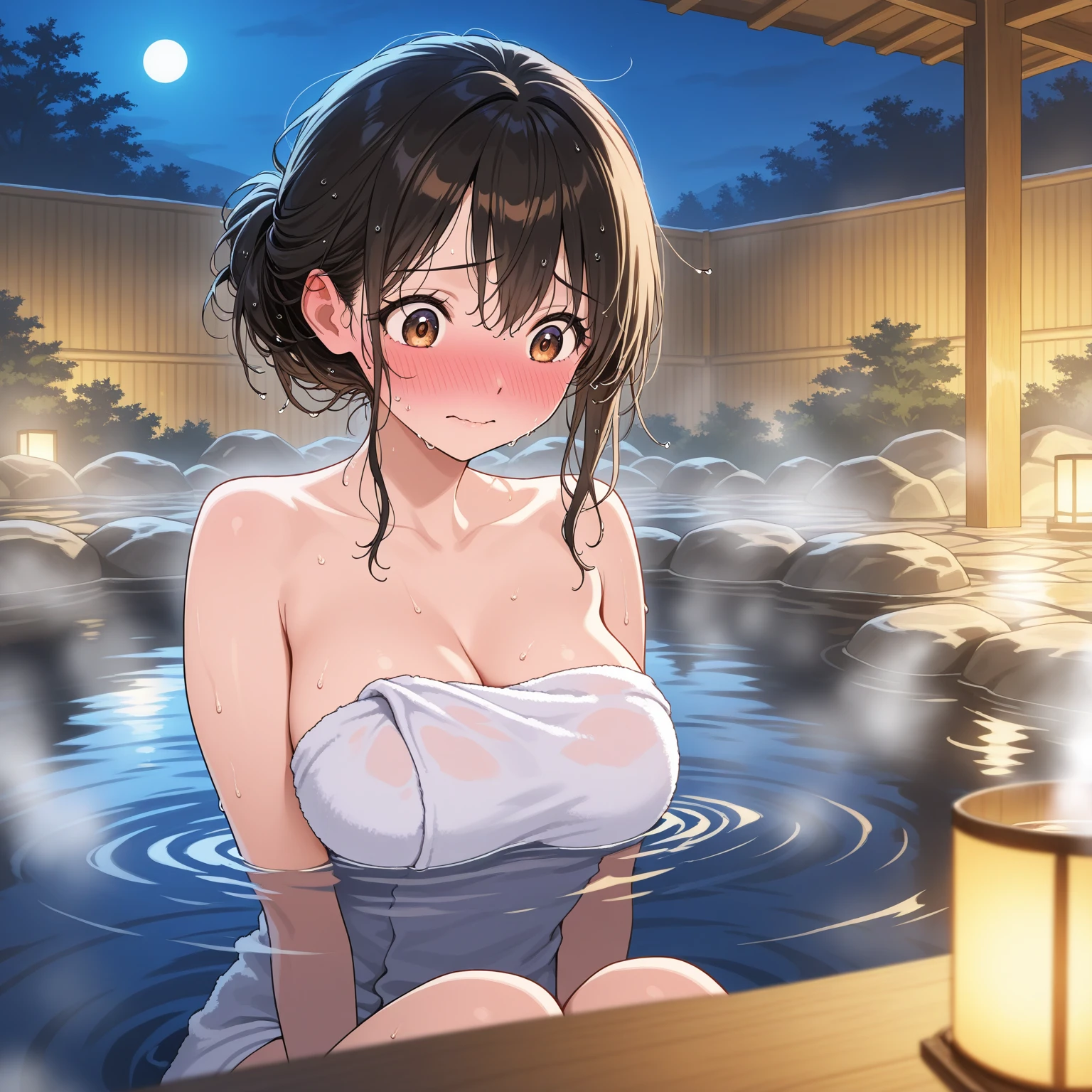{((masterpiece), Upper body only configuration2.0,men and mature women 4.0, Female around 45 years old,, Black hair,(Realistic,Photorealsiticです,Photorealsitic:1.37) (Plump:1.2), ,(mature woman is taking a bath:1.3、Curly hair、full naked1.4),legal nudity、(steam,blush:1.3),, full of sweat, , ( Hot Spring 1.3),(nighttime scene:1.3)Detailed drawings)}
