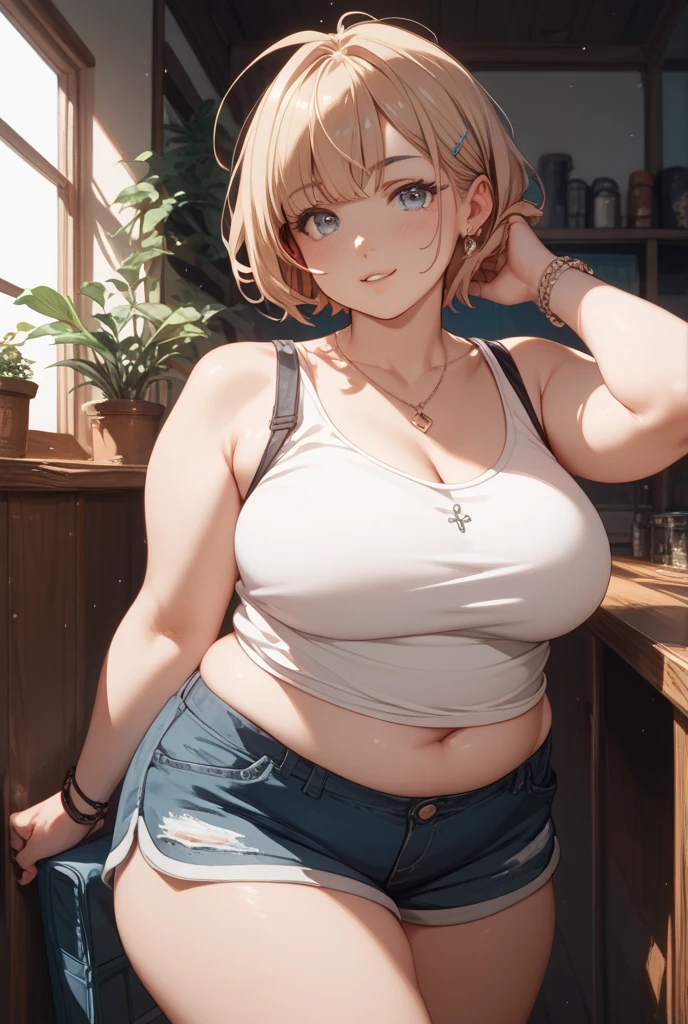 ((highres)), Masterpiece, high quality, best quality, beautiful, perfect lighting, detailed face, ultra cute face, ((1girl)), ((solo)), (blush), smiling, short blonde hair, blue eyes, crop top, jean shorts, tight clothes, fast food restaurant, medium breasts, cleavage, wide hips, thick thighs, standing, arms behind back,