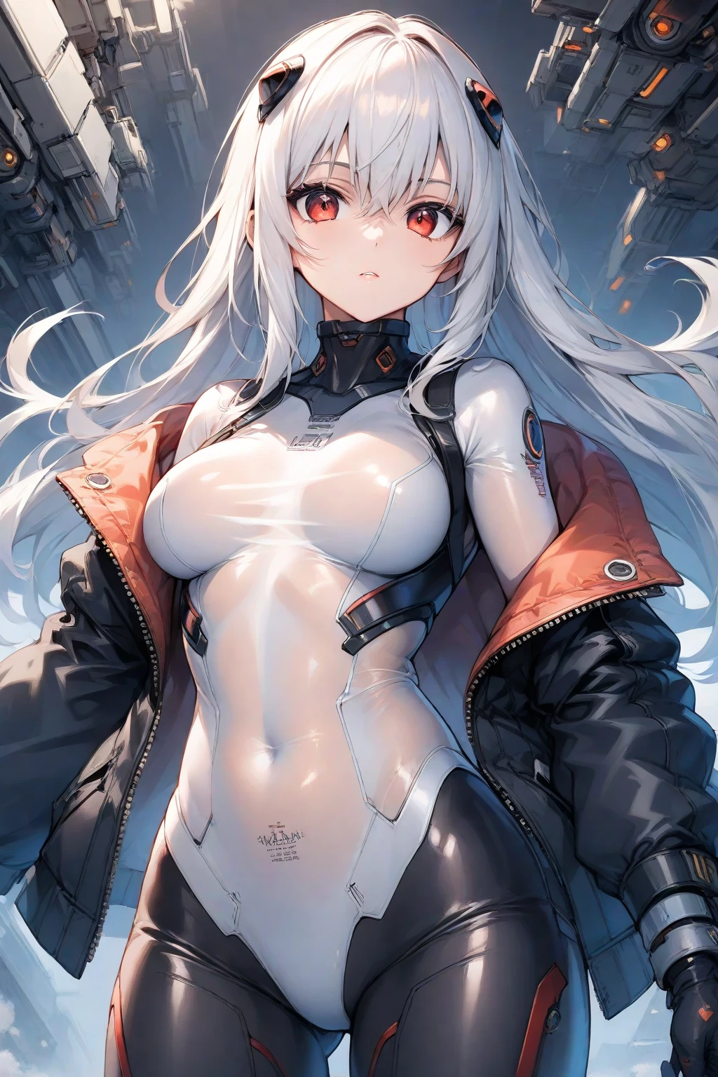 (8K, best quality, masterpiece:1.2), Super detailed, masterpiece, Realistic lighting,masterpiece, best quality, masterpiece, official art,extremely detailed CG unity 8K wallpaper,Beautiful and delicate eyes, There is light on the face, 1 girl, Asuka,Upper Body, breast, pilot_suit, plugsuit, Red_Jacket, windbreaker, Gloves, bandage, hair_decoration, support,
