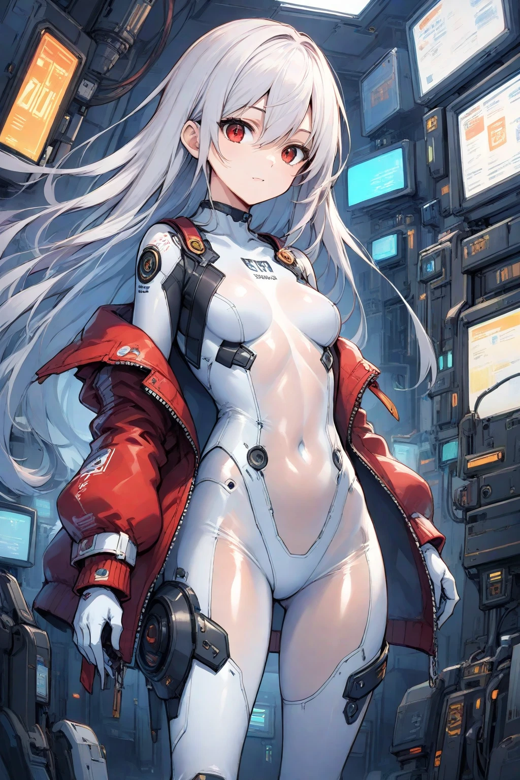 <lora:PornocosV1:1> pornocos, hair_over_one_eye, underboob,, ultra detailed, masterpiece, best quality, aesthetic, detailed,, serious, 1girl, (white eyes:1.1), (grey eyes:1.3), white hair, very long hair, parted hair, parted bangs, <lora:parted_hair_v1.3:1.3>, medium breasts,