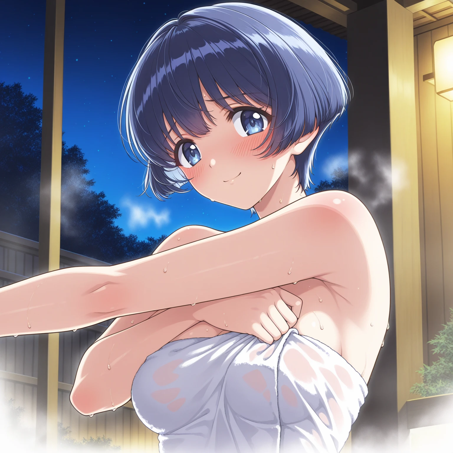 [anime styled],[official art],Tomomi_saikyou,black hair,Short hair,Hair Ribbon,NSFW,1girl in,(Portrait),close up,short torso,Perfect Lighting,nude,topless,(nipples),,anime screen cap,Flat color,cel shading,(seductive smile),shy,(underwear:1.2), (strong light)、((brighten the subject)),oily skin,curby:1.2,((lite white panties)),(open mouth)   break background classroom,