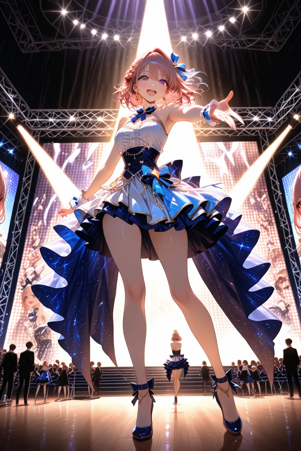 Masterpiece, super high quality anime style illustration. New York fashion show, sparkling lighting, ((two fashion models 20 years old)), ((two very cute girls 20 years old)), ((walking down the runway smiling)), waving. Highly detailed face, perfect ((beautiful woman face)), colorful hair, bob, short. Yellow eyes, perfect makeup. Extremely revealing outfit. Waist up shot.