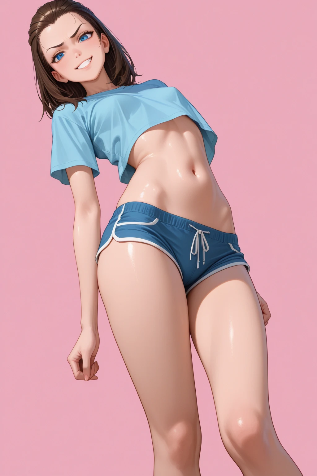 female, 18 years old, realistic, wearing sport, wearing short gym shorts, beautiful, detail face, working out in gym, small breasts, small frame, auburn hair, an ultra-high picture quality, high-detail
