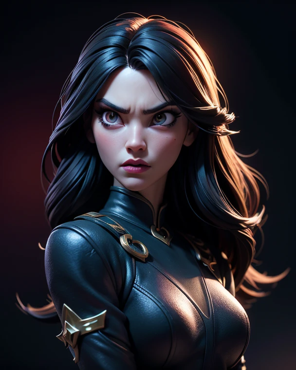 Create an image with this woman on Mars, with expressive eyes and wearing futuristic black armor with gold details. Put her in a Martian setting, with red soil and mountains in the background. The sky should be clear with a reddish tint and light dust hanging in the air..