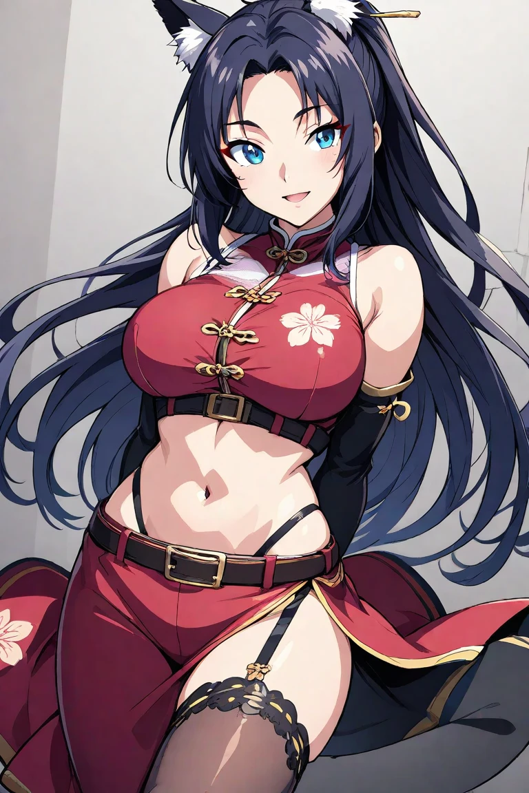 Ninja, kunoichi, long black hair, ninja outfit, red Oni mask in hair, sitting, surrounded by cherry blossoms