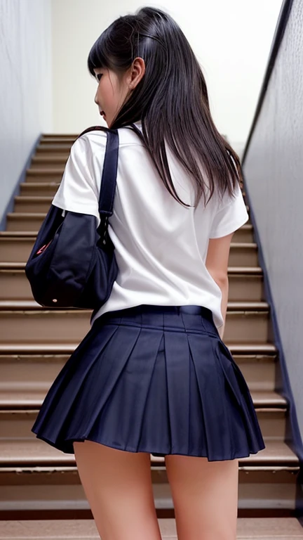 A view from below and behind of a high school girl climbing the stairs、uniform、mini skirt、Black Stockings、ponytail、Carrying a bag on your back、I can see your underwear、Looking back and glaring、Blushed cheeks