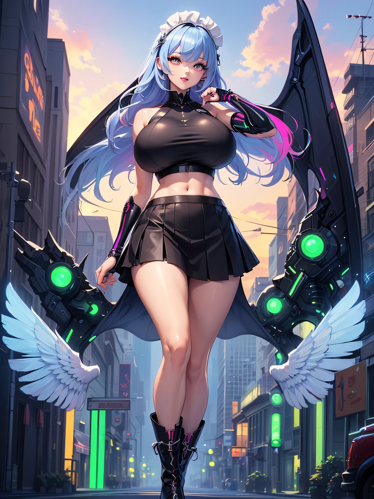 anime 4D Chun LI + Sakura girl sexy angels bright white wings big tits spiky mohawk hair dress V-cuts walking on a gloomy dark street in neon pink high heels scared style photo realism, fully detailed drawing in black and black and only the big green eyes