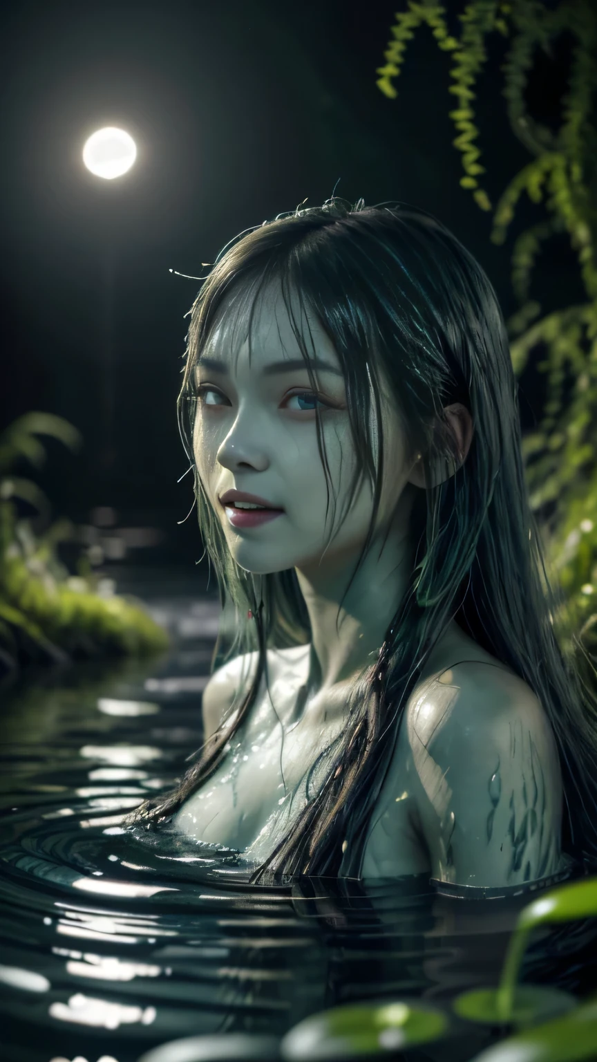 zrpgstyle, from_side from_below beautiful scary woman made of water (sadness expression:1.2), asian pretty face, asian ((skinny body)), (charming wide smile, sharp teeth), asian drowned young girl, europe drowned girl, (monstergirl)(gray green skin), mermaid, woman with (long water hair:1.2) rising out of the water moss smoke, (green vines over body), (fish scales over body), churning water fireflies midnight moonlight backlight (masterpiece:1.2) (best quality) (detailed) (intricate) (8k) (HDR) (wallpaper) (cinematic lighting) (sharp focus)