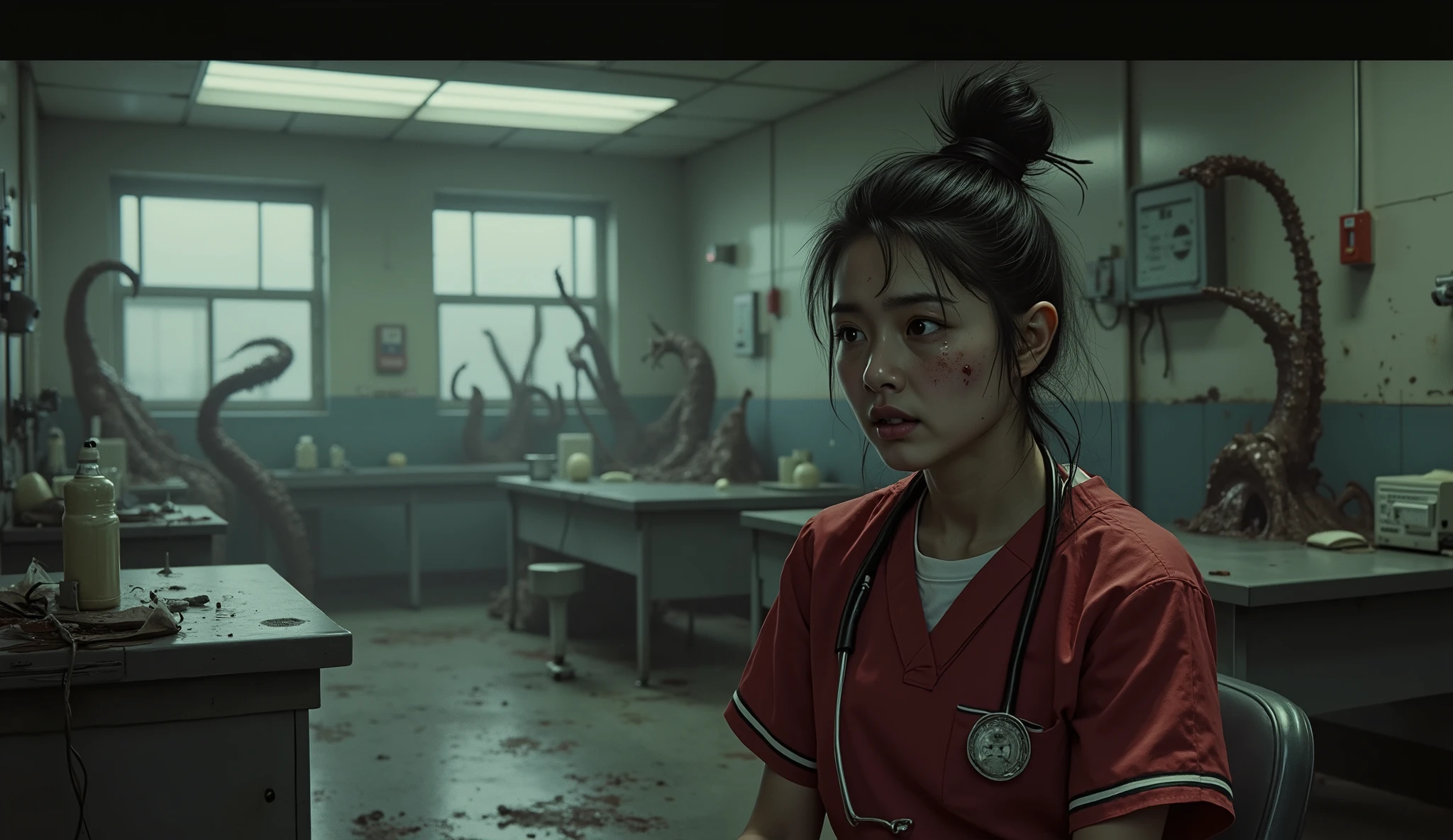 A frightened 20 year old Asian girl, beautiful face, her black hair tied in a bun, she's wearing dark red nursing scrubs and sitting at a nurses station in a dark abandoned hospital, tentacles are coming up behind her in the background as she sits unaware, Eldritch Horror, surreal, macabre, gory, high detail, masterpiece.