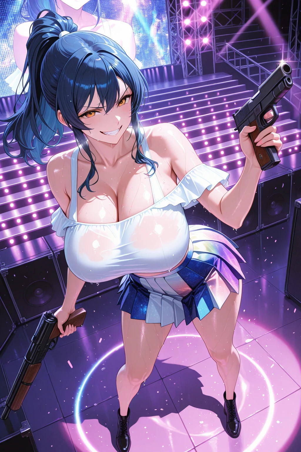 (Safety Sensor、approved、sound、Browsing Safety:1.8), masterpiece、masterpiece、highest quality、highest quality、Perfect human body、Accurate the human body、Lighting to suit the mood、Accurate、Elaborate、Every detail of the face, Absolutely safe、Small oval face、Black Hair、Beautiful Girlfriend、Dark Skin, Woman with dark skin, Side Ponytail, hair ornaments, Hair Clip, White shirt, Bra visible through clothes, Chest pocket, Black choker, Blue tie, Purple scrunchie, bracelet,Latex Blue Pleated Skirt, Thigh straps, fluorescent lip gloss、Detailed Background, whole body, Detailed Background , alone, Big cleavage、(Super big boobs、Heart Pupil Contact Lens Eye、Glowing oil skin:1.5)、(Dim lighting:1.5, night:1.5, Japan sex district :1.5、Realistic Background、Realistic:1.5, Lots of spoken words:1.5、Mature adult woman、Sexy standing pose)