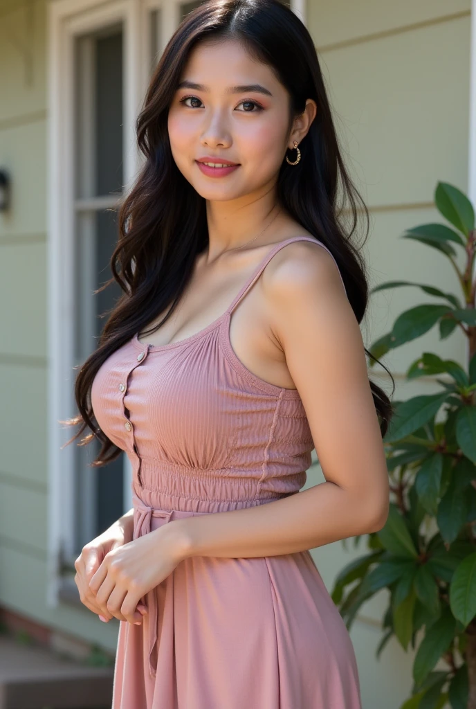 The girl with brown eyes height 1,60cm, mixed skin, sparse eyebrows, Pretty lips, splattered nose, light brown curly hair, pronounced cheeks with dimples, with curvy body, delicate smile, with a flowy dress 