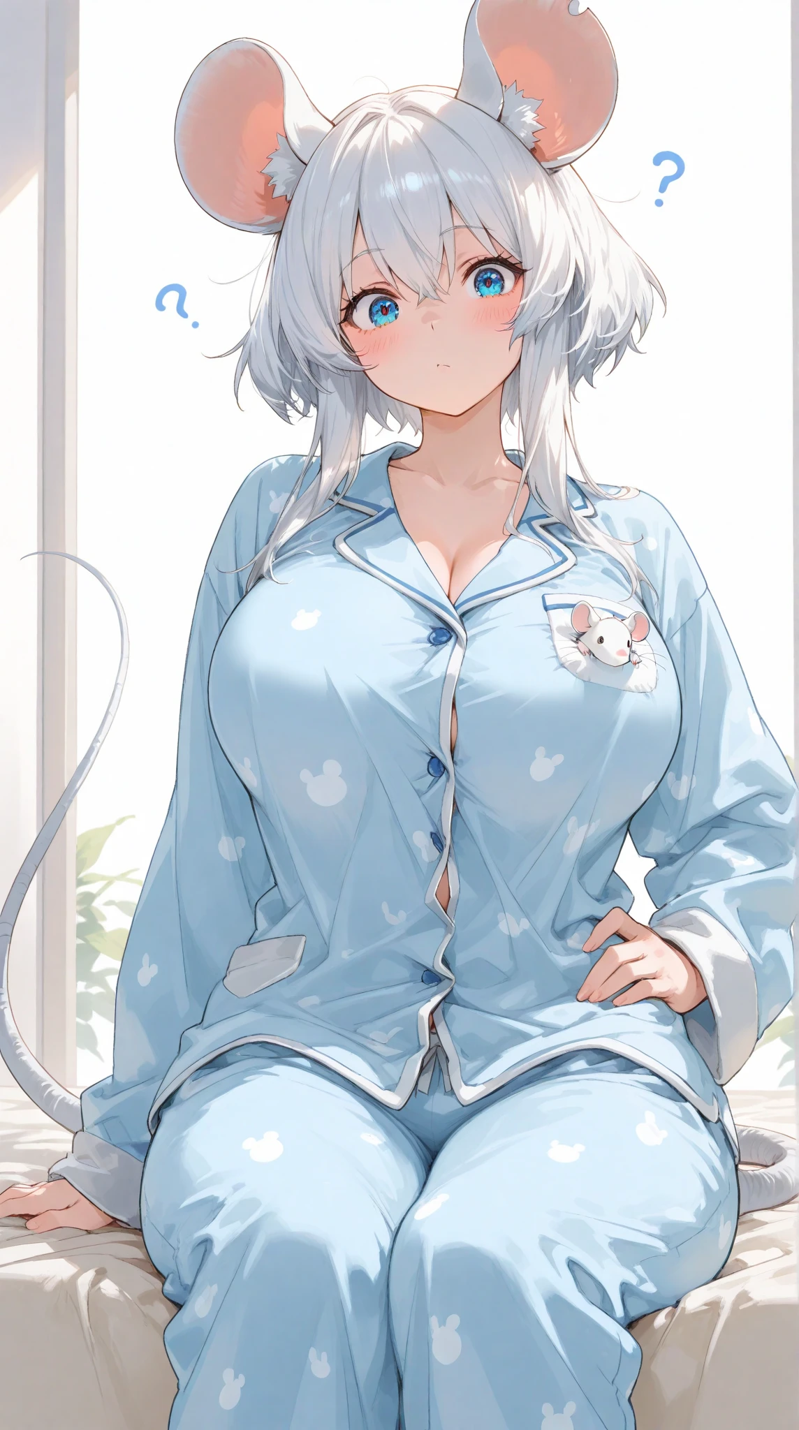 1girl, (solo:1.2), (cowboy shot:1.2), (Beautiful and detailed eyes description), (Beautiful and detailed face), Perfect female body, neat figure, slender waist, (young girl), (20 years old), long hair, white messy hair, very big eyes, blue eyes, medium breasts, blush, shy, watery lips, indoors, window, white curtains, sunlight, squatting, (best quality), (ultra detailed), (masterpiece), (highres), (original), (extremely detailed CG unity 8K wallpaper), character design, game cg, detailed manga illustration,(NSFW 1.1), blue coveralls, uniform, zipped down, cleavage, neko girl