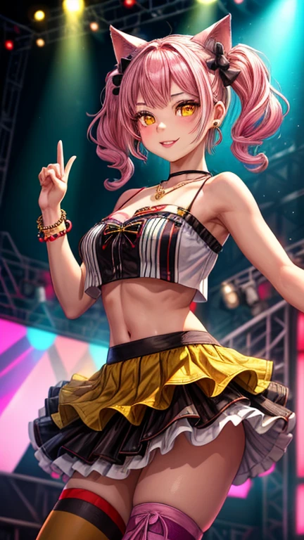 (Masterpiece, BestQuality:1.3), (ultra detailed:1.2), (hyperrealistic:1.3), (RAW photo:1.2), High detail RAW color photo, professional photograph, (Photorealistic:1.4), (realistic:1.4), (Pink Hair:1.5), professional lighting, perfect anatomy, (Big Breasts:1.2), (blush, detailed face), (A happy smile:1.7), Trending Hair&Trending Hairカラーをランダムに, earrings, necklace, bracelet, sexly, erotic sexly, Random sexy gravure poses, (Beautiful woman in a gold miniskirt、In the club lights、A captivating smile、Straight hair sways、Pulling up the hem of her skirt while dancing、Show your underwear。:1.3)