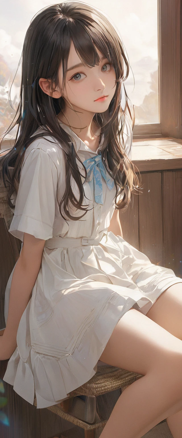 masterpiece, highest quality, One girl, View your viewers, Small waist, RAWphotograph,Hands intricately、Beautiful fingertips、 Ultra-realistic, High resolution, photograph, Sharp focus, Most detailed, Very detailed, Super detailed, In detail, Very detailed目と顔,Very detailed手と指、Idol、Thighs, beautiful girl,View your viewers, Small waist,Symmetrical face, whole body、White lace dress、White lace micro skirt、White lace knee socks、Cleavage、Large Breasts、Long Hair、Big red ribbon、はだけたThighs、Beautiful navel、美しいCleavage、The bouncing breasts、Lying on your back、evening、On the grass