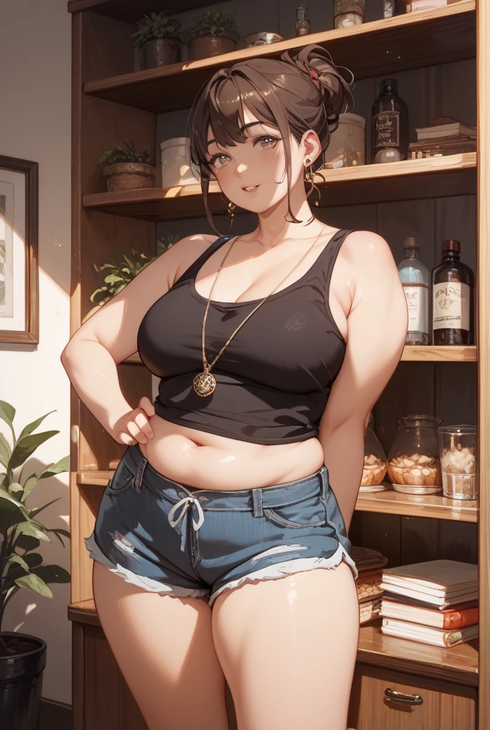 ((Masterpiece)), perfect anatomy, perfect shading, field of depth, (best quality), extremely delicate and beautiful, perfect lighting, detailed face, ultra cute face, cute, (cowboy shot 1.2), full body, (((1girl))), ((solo)), looking at viewer,
short hair, brown hair, green eyes, ((Blush)), shy, nervous, (crop top 1.5), (short pleated skirt 1.5), thigh highs, chocker, extremely tight clothes, large breasts, ((wide hips)), ((thick thighs)), ((chubby)),
coffee shop, intricate background, detailed background,