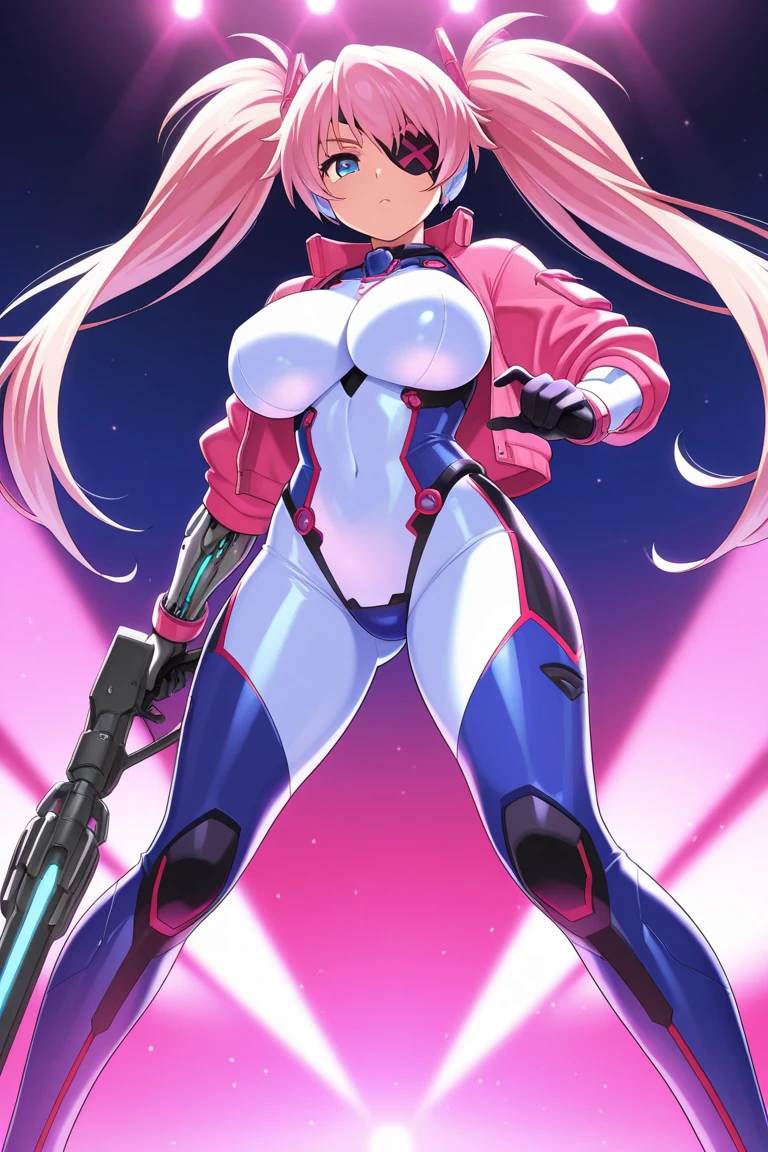 1girl, solo, my hero academia hero suit , bangs,happy,posing, multicolored hair, (masterpiece:1.2), highres, best quality, 8k, night city background, pink hero suit, white gloves, super hero tight suit, shooting star