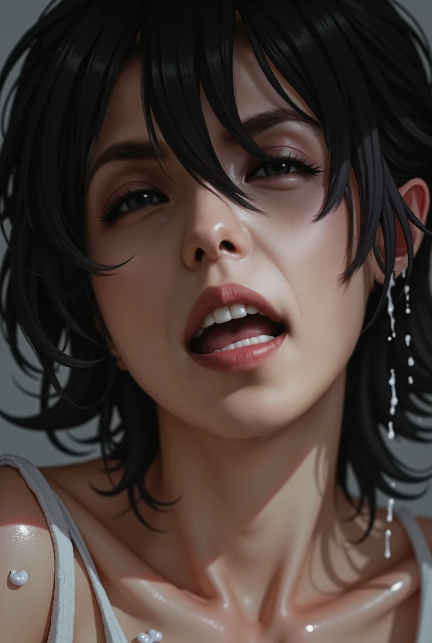 (masterpiece:1.3), (8k, Realistic, RAW Photos, highest quality: 1.4), Absurd, Charm, Ultra-high resolution, Ultra-realistic, Very detailed, Golden Ratio, (Realistic), (Best Shadow), Low contrast, (Complex:1.4), Side lighting, Beautiful Face, (Realistic Face), Beautiful hairstyle, Realistic eyes, Beautiful fine details, (Dark circles under the eyes), (Realistic Skin), Beautiful Skin, (One girl), ((Krysten Ritter, Jessica Jones)), (Accurate hand and finger depiction), (Black Hair, Medium Hair:1.4), (Grey tank top), ((Looking up)), (Frowning), Flushing, Sweat, NSFW ((fellatio)), ((deep throat:1.2)), (Blowjob face), ((cum on face:1.1)), ((cum on mouth:1.0)), BREAK (1boy, 1penis:1.1), (projectile cum:1.2, excessive cum:1.1), (Bust Shot), (The streets of New York at night)