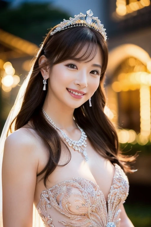 tiara、necklace、beige ruffled dress、medium breasts、valley、A beautiful woman with a sense of transparency、cute、smile、upper body up、Dance party venue in the background