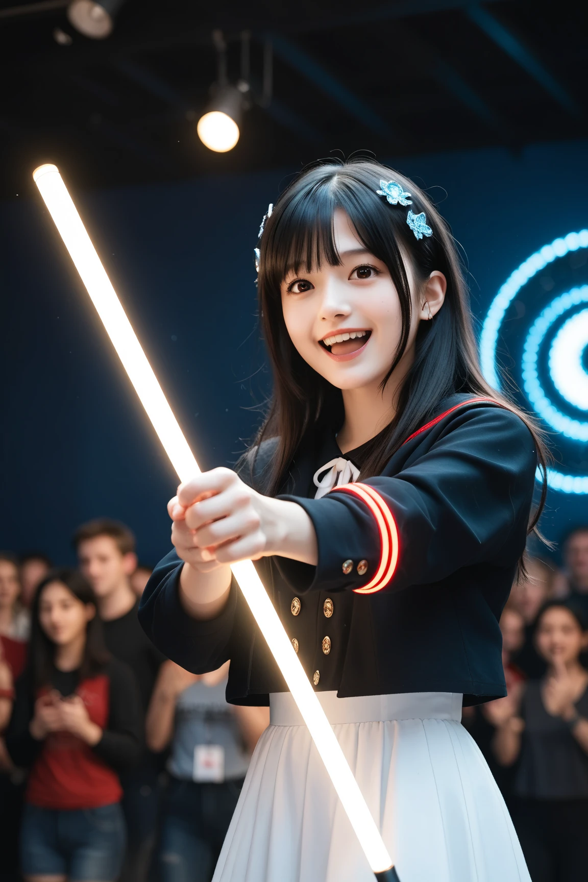 <lora:koreanDollLikeness_v10:0.3>,best quality, intricate details, chromatic aberration, (calliope mori:1.3),???,immature, (realistic, photo-realistic:0.37),physically-based rendering,radiosity, photon mapping,  Kawaii, full-length portrait,cute,Zettai Ryouiki, <lora:tohsakaRinFate_v10:1>,1GIRL, TOHSAKA RIN, SOLO, LONG HAIR, THIGHHIGHS, SKIRT, BLUE EYES, BLACK THIGHHIGHS, BLACK HAIR,magic,kung fu,fighting