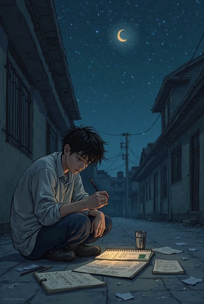 Silhouette of a man,was sitting on the terrace of the house,exhale cigarette smoke,holding a cigarette,alone,lonely,sadness,suffer,the night,moonlight,medium length hair type,ponytail hairstyle.