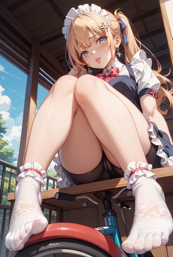 highest quality,masterpiece,8k,1girl,medium breasts, blush, sweat, mini skirt, lift skirt, upskirt, stripe panties, hair ribbon, twin tails, green shirt, seifuku, white neckerchief, long sleeves, pleated skirt, black skirt, thigh highs sox, loafers, camel toe, open legs, heart shaped pupils,