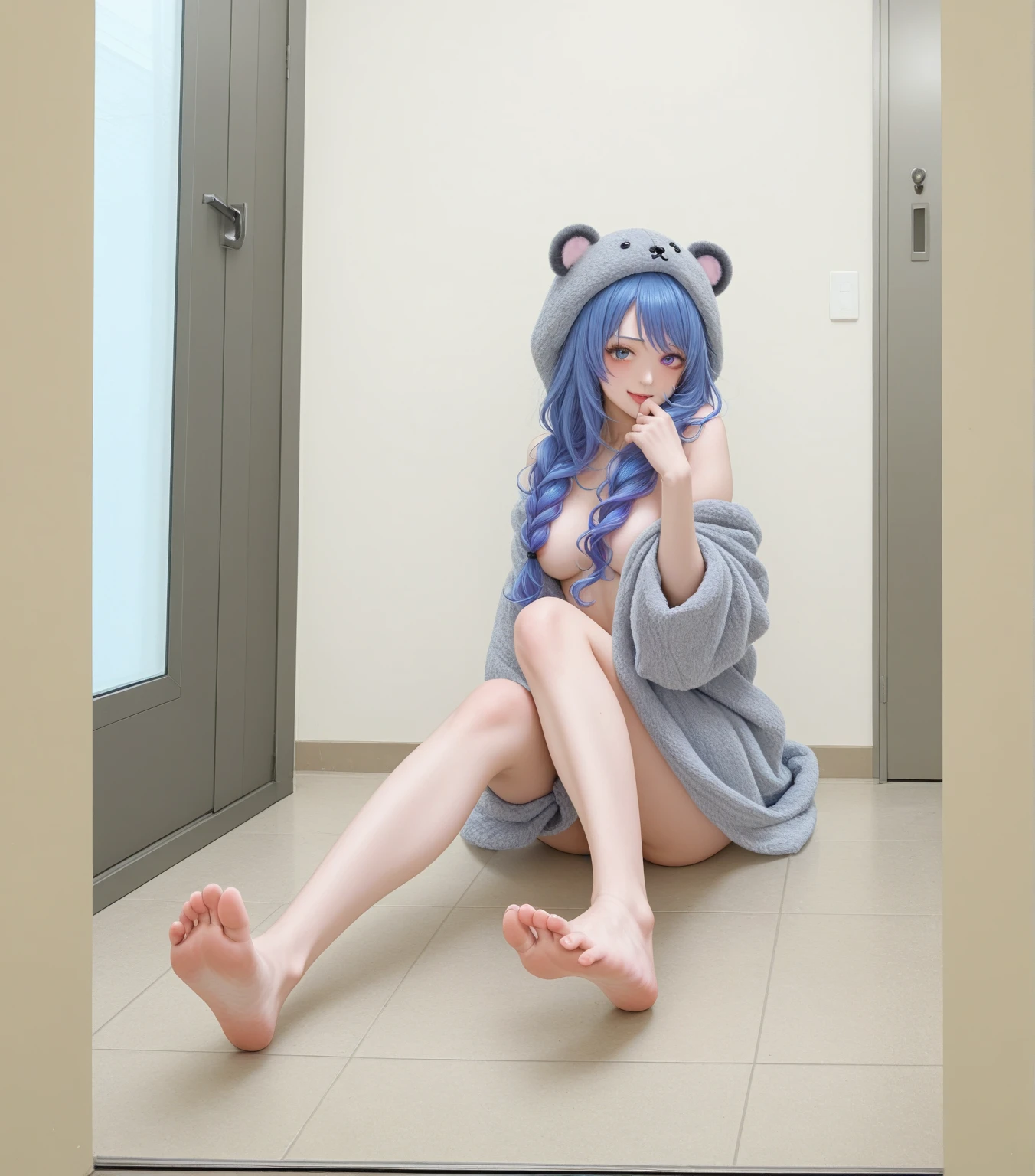 (Masterpiece) (High Detail) (High Res) a short humanoid girl with pale human skin and blue eyes and long blue hair and blue dog ears and a fluffy blue dog tail and average breasts. She is in the shower and is naked and wet. Water all over her body as she washes.