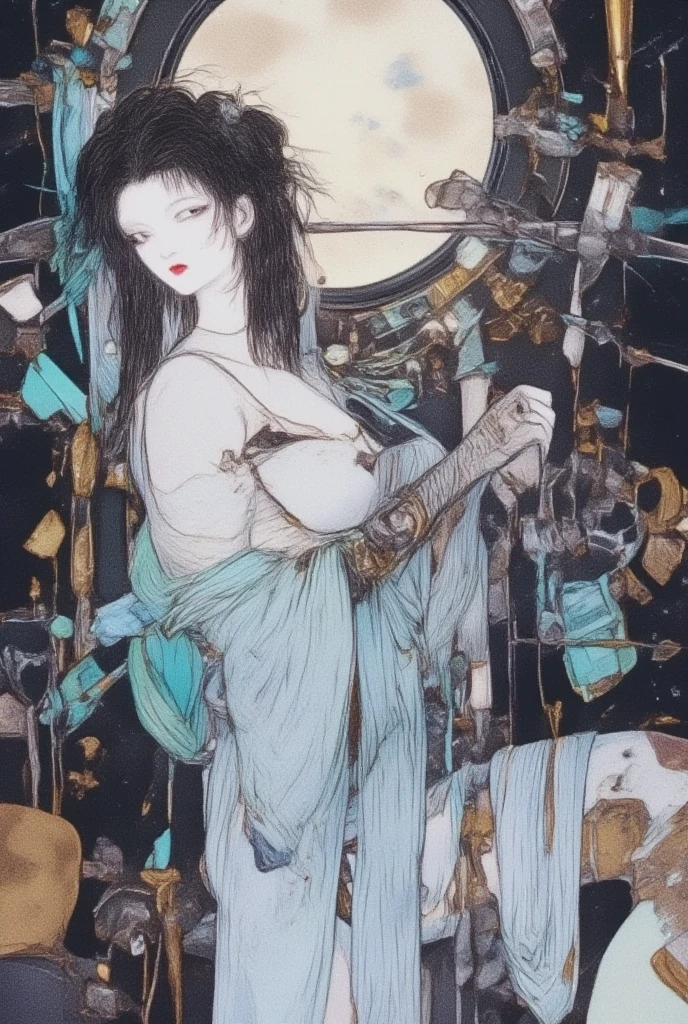 (nude female) Sketch, Low detail, Line art, vector art, colors , by katsuhiro otomo and masamune shirow and studio ghilibi and yukito kishiro