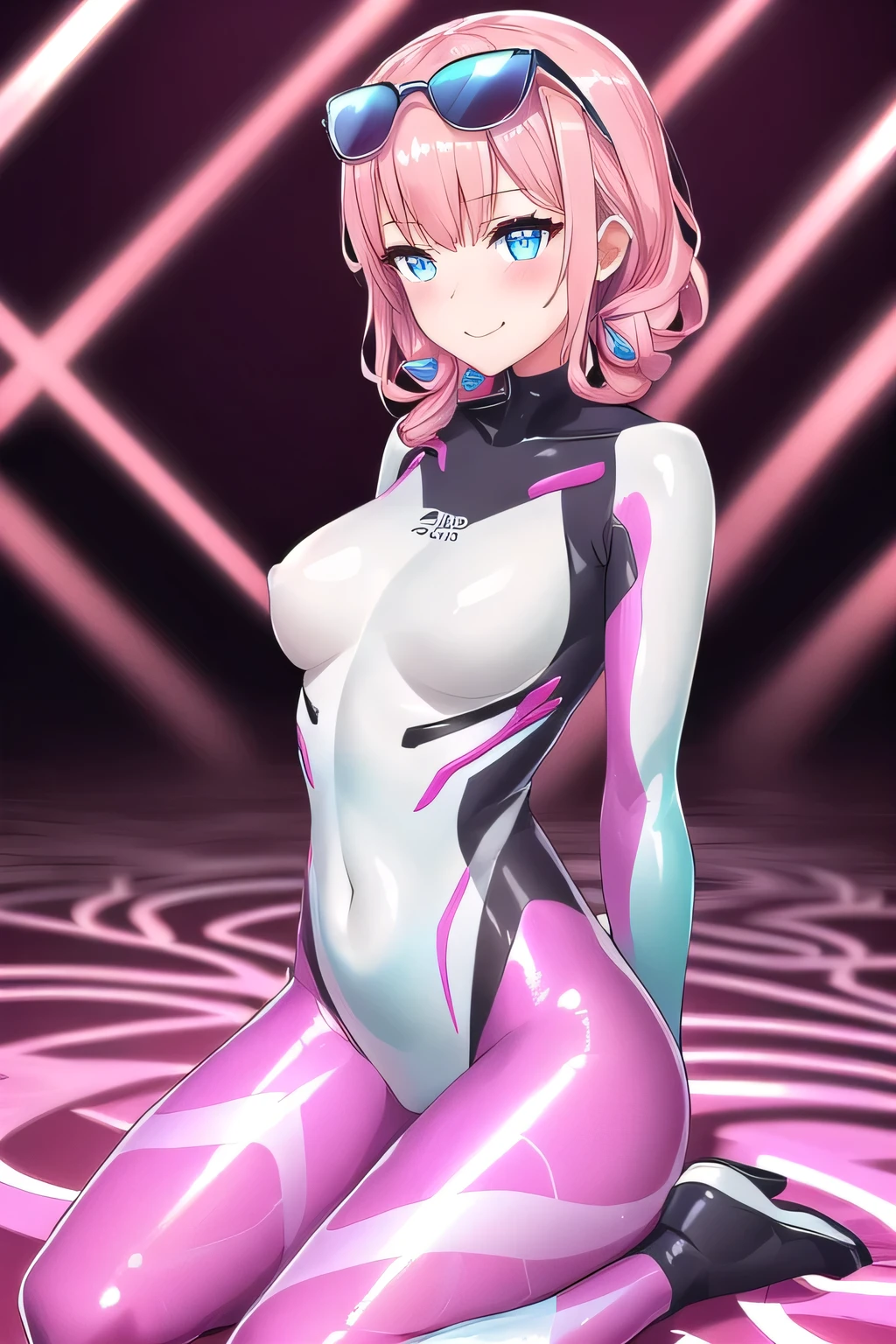 1girl, pink hair, very short hair, vr visors, visors, head-mounted display, ((covered eyes)), covered eyes, bodysuit, blue bodysuit, science-fiction, machinery, futuristic, tech, whit3 trim, blue neon trim, neon, neon trim, breasts, hourglass figure, mature frmale, large breasts, thick thighs, wide hips, swaying hips, hip sway, sway, arms behind back, arms up, hands behind back, smile, back, dance
